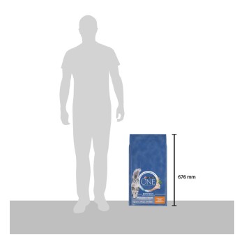 Sac de nourriture pour chat Purina ONE (chaton) montré à côté d'une silhouette humaine avec un repère de hauteur de 676 mm
