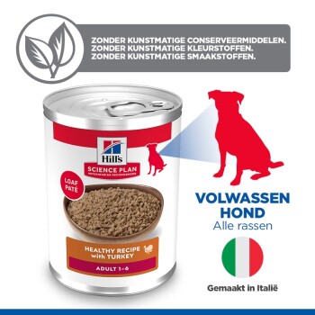 Blik Hill's Science Plan hondenvoer, loaf pâté kalkoen, Adult 1–6; tekst 'Volwassen hond Alle rassen', 'Gemaakt in Italië', Italiaanse vlag.