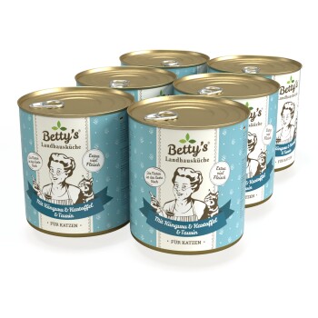 Sechs Dosen von Betty's Landhausküche Katzenfutter, mit Känguru und Kartoffel, mit einem blauen Etikett und einer Frau, die eine Katze hält.