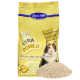 Drei Tüten Lyra Power Tofu Katzenstreu, jeweils 2,5 kg, mit verstreuten Granulaten davor, mit einer Katzengrafik und Text auf Deutsch.