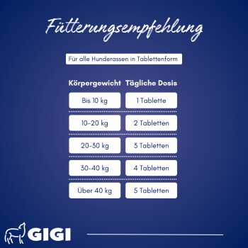 Fütterungsempfehlung für Hunde: 1 Tablette bis 10 kg, 2 bis 20 kg, 3 bis 30 kg, 4 bis 40 kg, 5 über 40 kg. Gigi-Logo links.