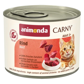 Blik Animonda CARNY kattenvoer, Rind (Beef) Volwassen 1+, afbeelding van een oranje gestreepte kat en tekst '100% fresh ingredients'
