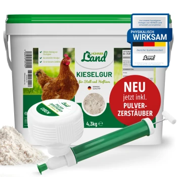 Ein grüner und weißer Eimer mit der Aufschrift "Hühner Land Kieselgur" mit einem Hühnerbild, der 4,2 kg Kieselgur und einen Sprüher enthält.