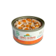 Dosen-Haustierfutter von Almo Nature, beschriftet mit 'HFC Complete', mit Huhn und Karotten, mit einem 100% natürlichen Inhaltsstoffe-Siegel.