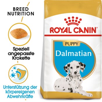 Royal Canin Dalmatian Welpenfutterbeutel mit rassespezifischer Ernährung, speziell angepassten Kroketten und Unterstützung für natürliche Abwehrkräfte.