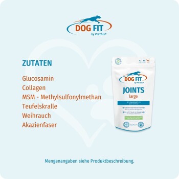 DOG FIT JOINTS Large-Beutel mit deutschen Inhaltsstoffen: Glucosamin, Kollagen, MSM, Teufelskralle, Weihrauch, Akazienfaser.