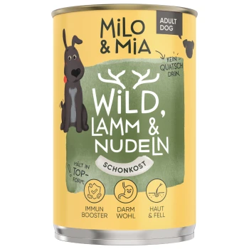 Dosenfutter für Hunde "Milo & Mia" mit dem Etikett "Wild, Lamm & Nudeln", das einen Hund und Geweih zeigt und die Immun- und Verdauungsgesundheit fördert.