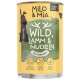 Dosenfutter für Hunde "Milo & Mia" mit dem Etikett "Wild, Lamm & Nudeln", das einen Hund und Geweih zeigt und die Immun- und Verdauungsgesundheit fördert.