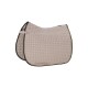 Beige gestepptes Sattelpad mit schwarzem und goldenem Rand, mit einer strukturierten Oberfläche und einem Riemen zur Befestigung.
