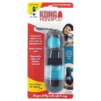 KONG HandiPOD clean dispenser featuring a 2-in-1 bag dispenser and hand sanitizer pod, with degradable bags included.