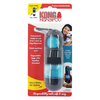 KONG HandiPOD clean dispenser featuring a 2-in-1 bag dispenser and hand sanitizer pod, with degradable bags included.
