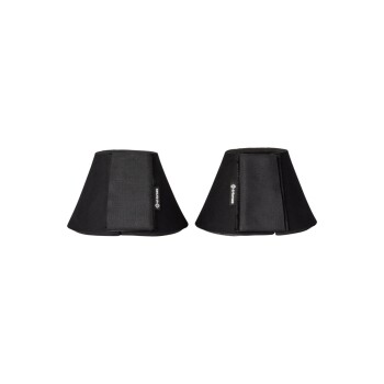 Zwei schwarze Pferde-Glockenstiefel mit einem Klettverschluss, entworfen zum Schutz der Hufe eines Pferdes während des Reitens oder Trainings.