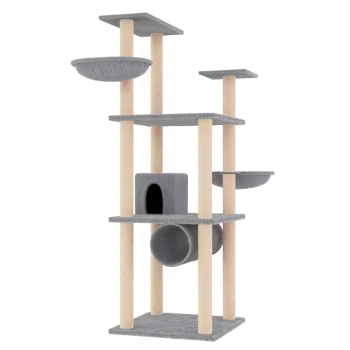 Grauer mehrstöckiger Kratzbaum für Katzen mit Plattformen, einem gemütlichen Versteck und Kratzpfosten, entworfen für das Spielen und Entspannen von Katzen.