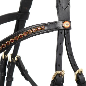 Schwarzes Leder-Haustiergeschirr, verziert mit funkelnden bernsteinfarbenen Strasssteinen, mit goldfarbenen Schnallen und einem Markenlogo.