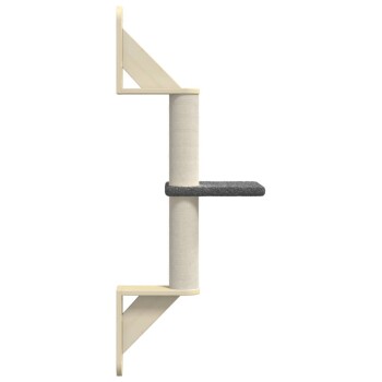 Wandmontierter Kratzbaum für Katzen mit einem beigen Rahmen, einer mit Sisal umwickelten Säule und einer grauen Ruheplattform.