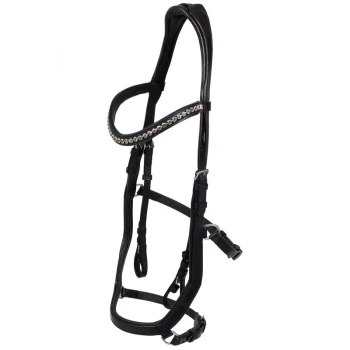 Schwarzes Haustiergeschirr mit einem glänzenden Strassakzent entlang des oberen Riemens, mit verstellbaren Schnallen und mehreren Befestigungspunkten.