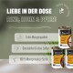 Dosenfutter für Haustiere mit der Aufschrift 'Liebe in der Dose', das Rind, Huhn und Pferd enthält, mit Ansprüchen auf hohe Fleischqualität, getreidefrei und 100% Monoprotein.