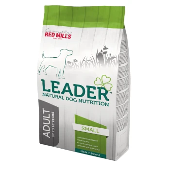 Bag of Leader Natural Dog Nutrition for small adult dogs, featuring chicken as the main ingredient, made in Ireland.