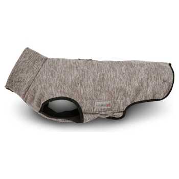 Graue und schwarze Hundejacke mit hohem Kragen und "WOLTERS" Etikett an der Seite, auf weißem Hintergrund dargestellt.