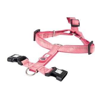 Pink verstellbares Hundegeschirr mit schwarzen Kunststoffschnallen und Metallringen, mit Pfotenabdruck und "I AM LOYAL"-Etikett.