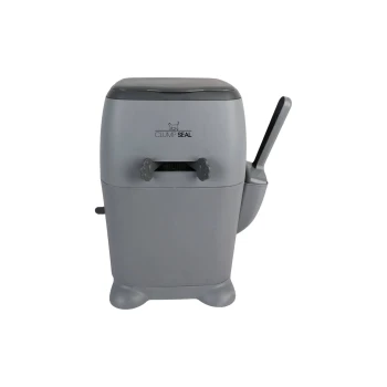 Grauer automatischer Katzentoiletten-Entsorgungsbehälter mit angebrachtem Schaufel, pfotenförmigen Knöpfen und dem Logo „CLUMP SEAL“