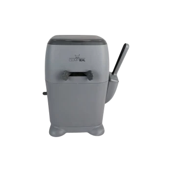 Grauer automatischer Katzentoiletten-Entsorgungsbehälter mit angebrachtem Schaufel, pfotenförmigen Knöpfen und dem Logo „CLUMP SEAL“
