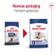 Comparaison de la nourriture pour chiens Royal Canin : "Maxi Ageing 8+" à gauche et "L Maxi Ageing 8+" à droite, mettant en avant le nouvel emballage et la formule.
