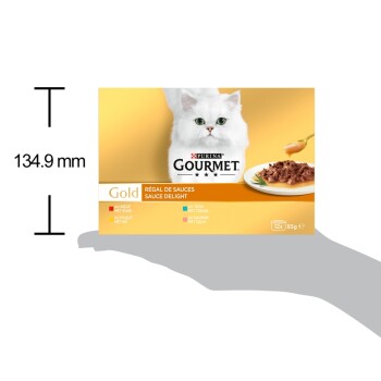 Boîte de nourriture pour chats Purina GOURMET Gold avec chat blanc et assiette de pâtée ; indique Régal de sauces / Sauce Delight, 12 x 85 g