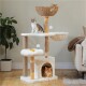 Orange getigerte Katze ruht in einem weißen Plüsch-Katzenhaus mit dem Text „100% Stabilitätsgarantie“ darüber.