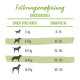 Fütterungsempfehlung zur Gewichtskontrolle: Hund 1-5 kg 35-95 g/Tag, 5-10 kg 95-155 g, 10-25 kg 155-285 g, 25-45 kg 285-420 g, 45-70 kg 420-570 g.