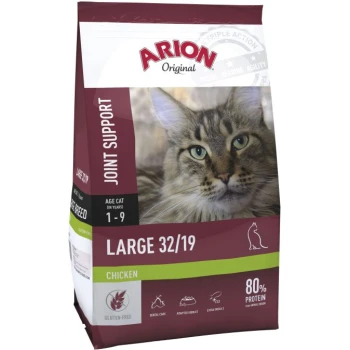 Hundefutterbeutel mit der Aufschrift "ARION Original" und einer großen Katze, mit Text, der "Gelenkunterstützung," "Groß 32/19," "Huhn" und "80% Protein" hervorhebt.