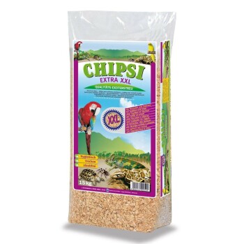 Sack CHIPSI Extra XXL Haustierstreu mit Papageien- und Reptilienmotiv, Beschriftung 'CHIPSI EXTRA XXL' und sichtbaren Holzspänen.
