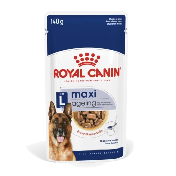 Royal Canin Maxi Ageing Hundefutterbeutel, 140g, mit Stückchen in Soße, geeignet für Hunde über 5 Jahre, mit einem Deutschen Schäferhund auf der Vorderseite.