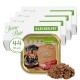 Hundefutterverpackung mit Gino's Feine Paté, 150g, mit einem lächelnden Rottweiler und dem Text "Reich an Rind" und "44 Stück".