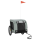Haustieranhänger in Grau mit einem Netz vorne, zwei Rädern und einer Sicherheitsflagge. Ideal zum Transport von Haustieren.