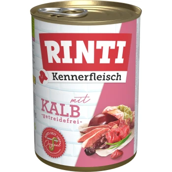 RINTI Kennerfleisch Dosenfutter für Haustiere mit dem Etikett 'mit Kalb' und 'getreidefrei', mit Bildern von Fleischstücken.