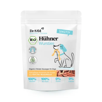 Biologische Hähnchenwürste für Hunde in einem wiederverschließbaren Beutel, mit einem Cartoon-Hund und Etiketten für "100% natürlich", "glutenfrei" und "laktosefrei".