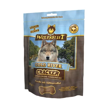 Cracker 225g Cold River Wolfsblut Cold River Cracker Hundenaschpaket mit dem Gesicht eines Wolfes, mit Text, der hypoallergene Zutaten und Süßkartoffel hervorhebt.
