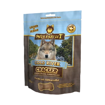 Wolfsblut Cold River Cracker Hundenaschpaket mit dem Gesicht eines Wolfes, mit Text, der hypoallergene Zutaten und Süßkartoffel hervorhebt.