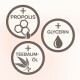Obrazek przedstawia trzy okrągłe ikony oznaczone "Propolis", "Glicerol" i "Teebaum-Öl", każda z odpowiadającymi ilustracjami.