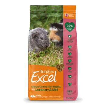 Burgess Excel bag: Mature Guinea Pig Nuggets with Cranberry & Mint, 1.5kg, photo of two guinea pigs, '92% of vets recommend'