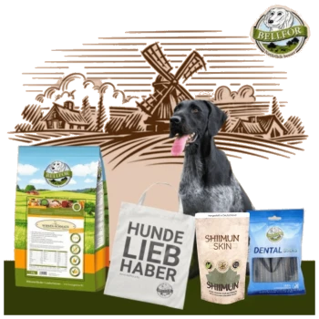 Ein glücklicher Hund sitzt neben verschiedenen Haustierprodukten, darunter ein Sack BELLEFOR-Hundefutter, eine Tasche mit der Aufschrift 'HUNDE LIEB HABER', Shiimun Skin Leckerlis und Dental Sticks.
