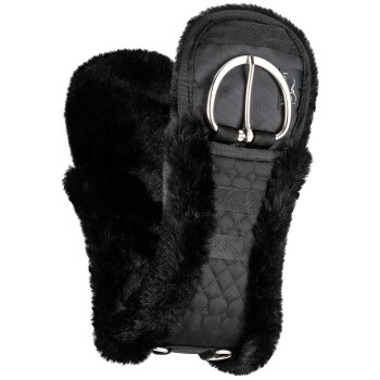 Schwarze Haustierpflege-Handschuh mit einem weichen, pelzigen Futter und einer Metallschnalle, entworfen für Komfort und Benutzerfreundlichkeit.