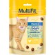 Orange tabby cat licking its lips next to a package of MultiFit Snack & Play Chicken Balls, featuring playful graphics and text.