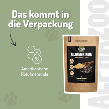 Verpacktes Produkt mit der Bezeichnung "ULMENRINDE" von ALPHAZOO, das natürliche Magenbeschwerden bei Hunden und Katzen fördert, geeignet für alle Rassen und Altersgruppen.