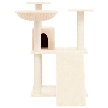 Ein beiger Katzenbaum mit zwei Plattformen, einem gemütlichen Versteck und einer Rampe zum Klettern. Ideal für das Spiel und die Entspannung von Katzen.
