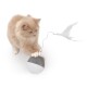 Un chaton orange clair et duveteux joue avec un jouet rond avec une plume attachée par un cordon blanc, sur un fond blanc.