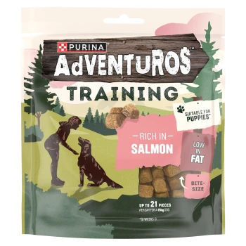 Purina Adventuros Training dog treats pouch reading "Rich in Salmon", "Suitable for Puppies", "Low in Fat", bite-size pieces