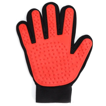 Rote Haustierpflegehandschuh mit strukturiertem Gummibereich und schwarzem Stoffhandgelenk, entworfen für effektives Bürsten und Fellentfernung.