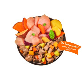 Vogelperspektive auf eine Futterschüssel mit rohem Huhn, Süßkartoffelscheiben, gewürfeltem Fleisch und Gemüse; orangefarbener Anhänger: 'wie frisch gekocht*'.